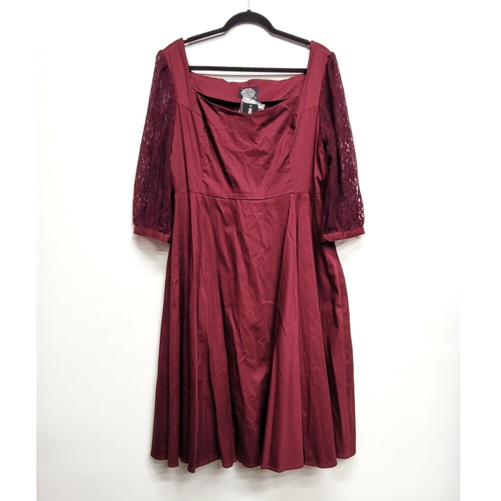 Hearts & Roses Burgundy Lace Sleeve Retro Swing Dress 2 2X 18 20 - Picture 4 of 9